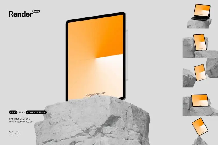 iPad Mockup Set 极简工业岩石iPad平板电脑ui设计作品贴图ps样机素材展示效果图