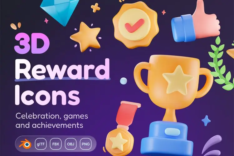 Awardly – Reward & Achievement 3D Icon Set  爱心礼物礼品盒奖杯荣誉奖状奖励类高清3D图标模型设计webp免抠图素材