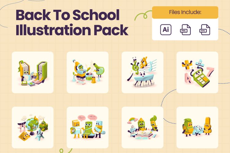 Back to School Illustration Pack 卡通开学季学习用品文具插图插画png免抠图片设计素材