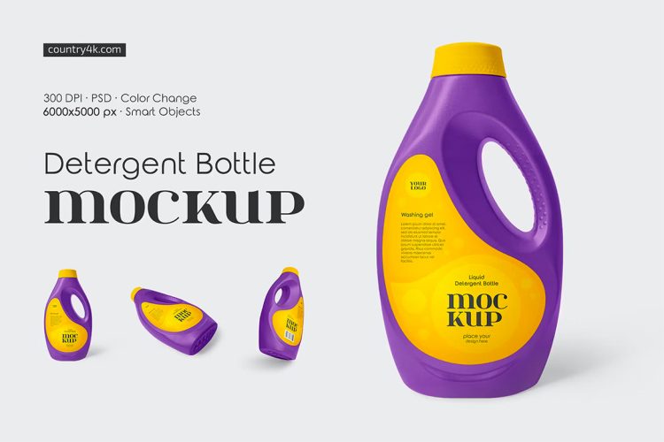 Liquid Detergent Bottle Mockup Set 洗涤剂消毒液塑料瓶装模型品牌包装设计贴图ps样机素材