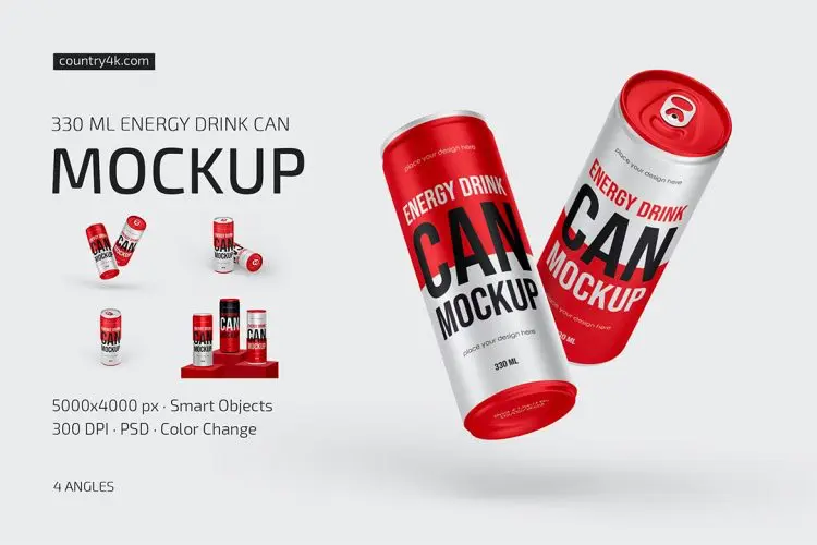 330ml Energy Drink Can Mockup Set  330ml能量饮料易拉罐模型品牌包装设计贴图ps样机素材