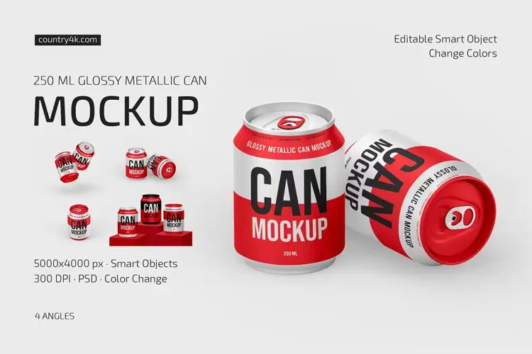 250ml Glossy Metallic Can Mockup Set  250ml能量饮料金属易拉罐模型品牌包装设计贴图ps样机素材
