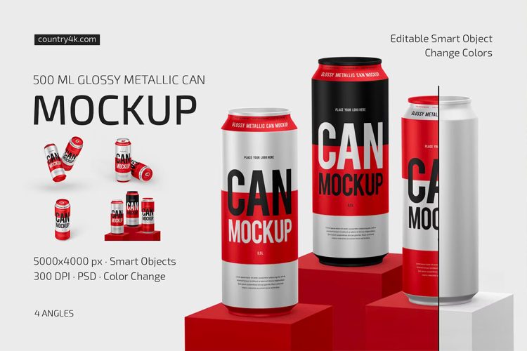 500ml Glossy Metallic Can Mockup Set  500ml能量饮料易拉罐模型品牌包装设计贴图ps样机素材