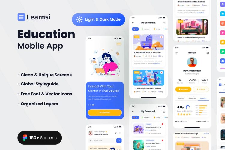 Learnsi – Education Mobile App Template 双配色在线课堂教育学习培训互动App应用ui界面设计figma模板素材