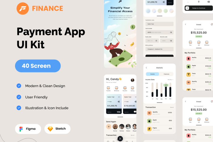 Payment App UI KIT Fintech  40+高级金融科技理财电子钱包银行APP软件界面设计Figma模板套件
