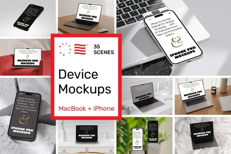 Device Mockups – iPhone and MacBook  33款iPhone 15手机Macbook笔记本电脑ps样机素材实拍展示效果图