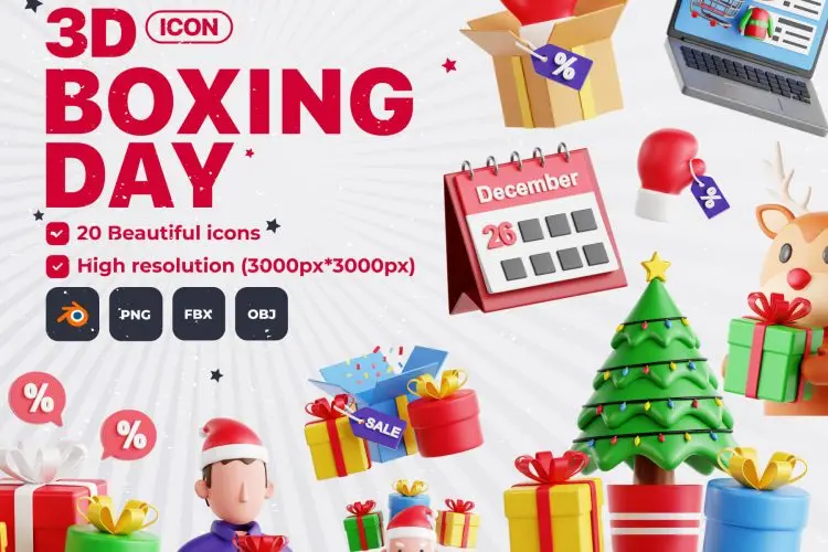Boxing Day 3D Icon Set  20款3D立体卡通圣诞节购物电商大促礼物插图插画webp免抠图片素材
