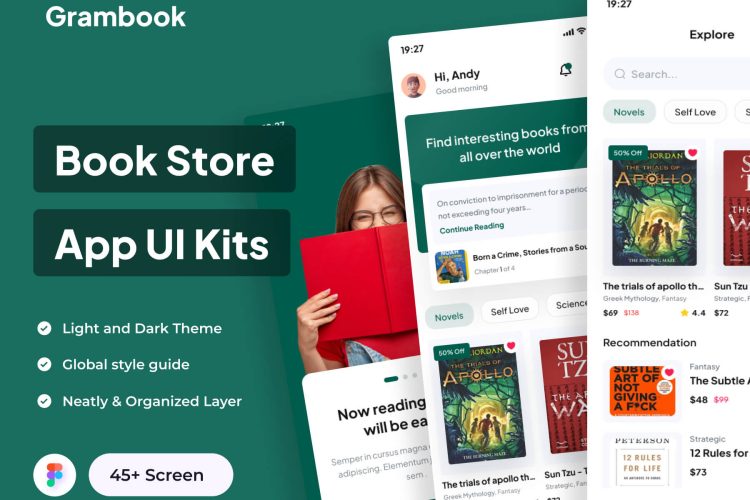 Grambook – Book Store Apps UI Kits  45屏在线书店小说阅读app用户界面设计ui套件明暗模板