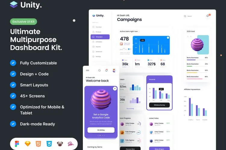 Unity Dashboard Kit  90+响应式仪表板ui套件素材_明暗模式数据可视化手机app界面设计模板(含html)