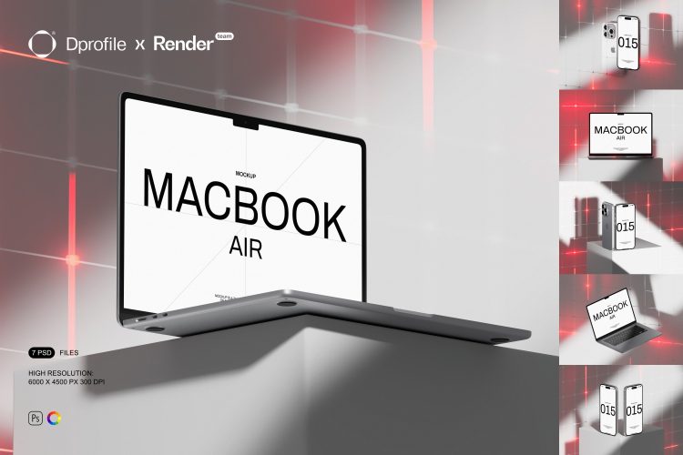 MacBook and iPhone Mockup Set  7款工业风霓虹效果苹果iPhone 15手机MacBook笔记本电脑PSD样机模板合集