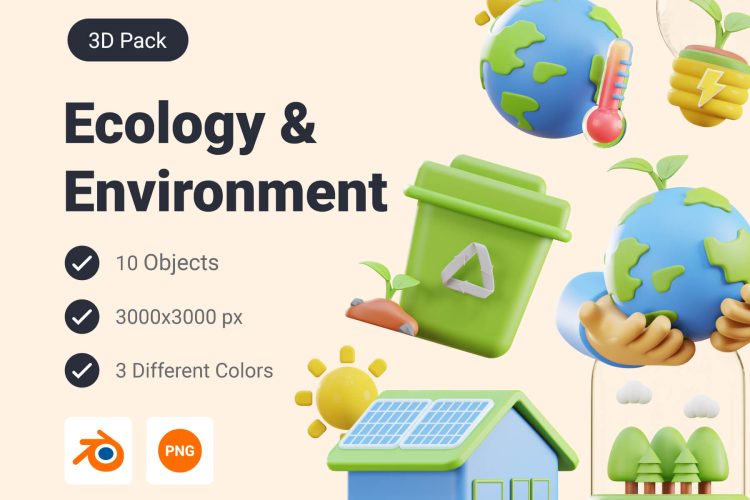 Ecology & Environment 3D Icon Pack  10款多配色3D立体卡通生态环保新能源插图插画png免抠图片素材