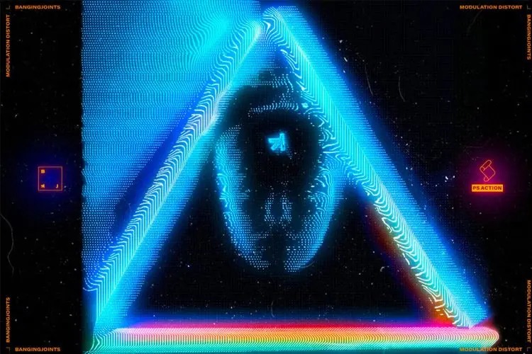 Modulated Distort Effect Action 未来科幻电流霓虹灯赛博朋克科技机能CRT像素ps动作插件特效模板