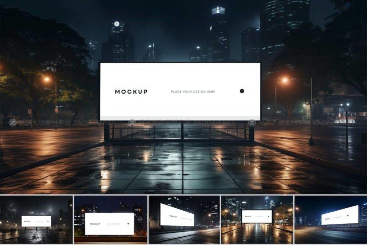 Billboard Mockup 城市夜景户外灯箱广告牌海报设计作品贴图ps样机素材展示效果图