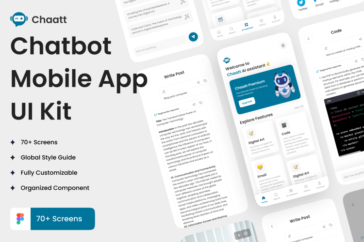 Chaatt –Chatbot App UI Kit  70屏国外人工智能Ai对话聊天app用户界面设计ui套件模板