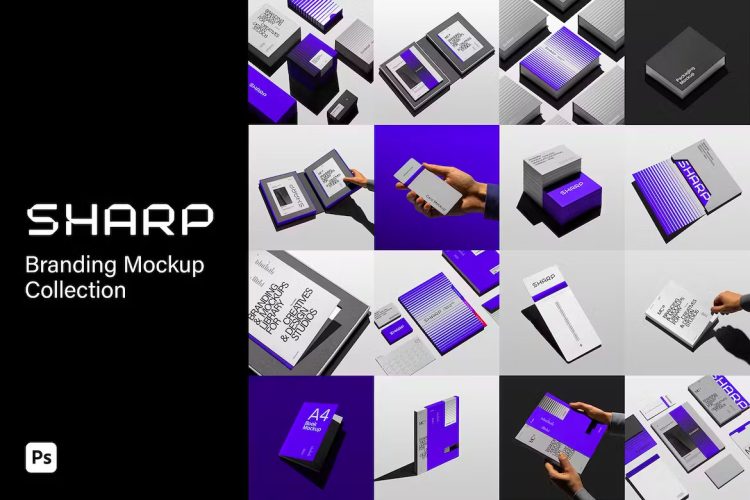 Branding Mockups Sharp Collection  15款现代极简品牌形象VI文具包装名片画册设计作品贴图ps样机素材