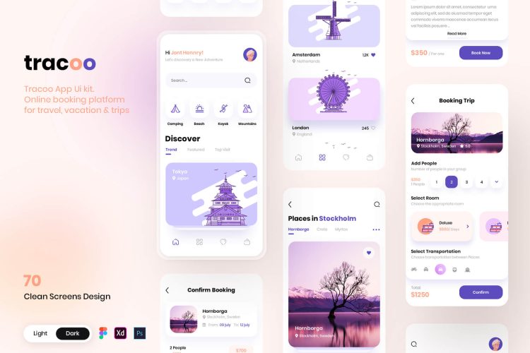 Tracoo – Travel App UI Kit 优质旅游预订app应用程序用户界面设计模板psd文件下载