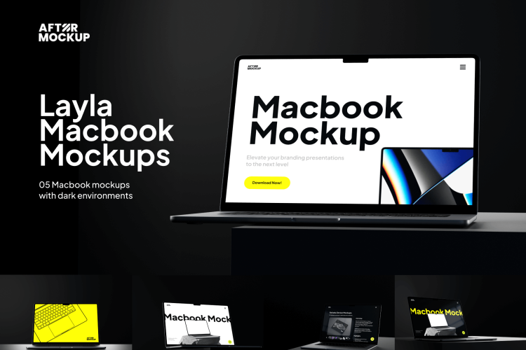 Layla Macbook Mockups  5款工业风暗黑苹果MacBook笔记本电脑屏幕演示贴图效果图PSD样机模板