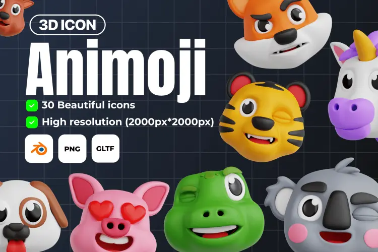 Animoji 3D Icon Set  30款3D立体趣味卡通动物emoji表情包头像插画图标webp免抠图片素材