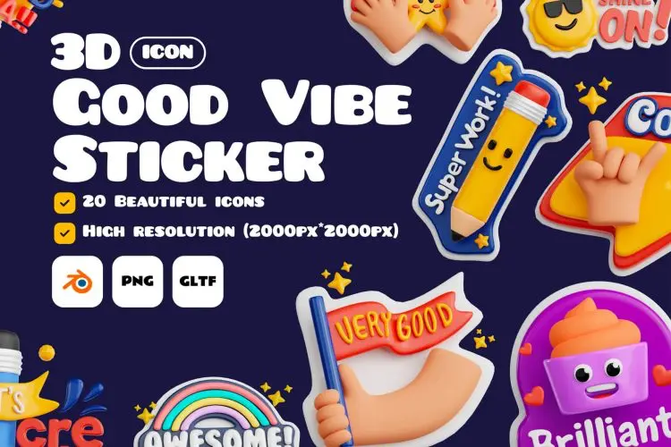 Good Vibe Stickers 3D Icon Set  20款可爱卡通幼儿园学习奖励贴纸3D插图插画集