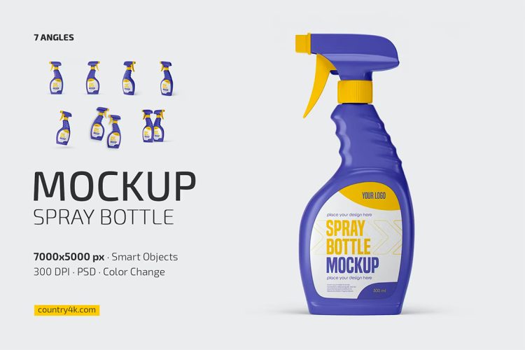 Spray Bottle Mockup Set 家政家务清洁洗涤剂塑料喷雾瓶模型品牌包装设计贴图ps样机素材