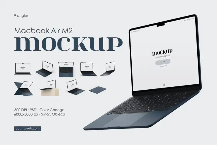Macbook Air M2 Mockup Set 苹果Macbook Air M2笔记本设备模型多角度展示屏幕贴图ps样机素材