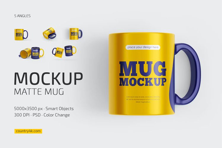 Matte Mug Mockup Set 哑光马克杯咖啡杯水杯陶瓷杯模型品牌包装logo标识设计贴图ps样机素材