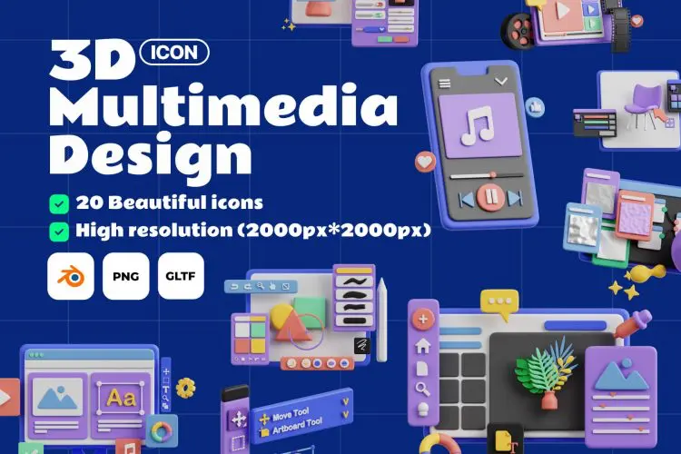 Multimedia Design 3D Icon Set  20款3D趣味卡通多媒体设计UI操作界面插图插画webp免抠图片素材