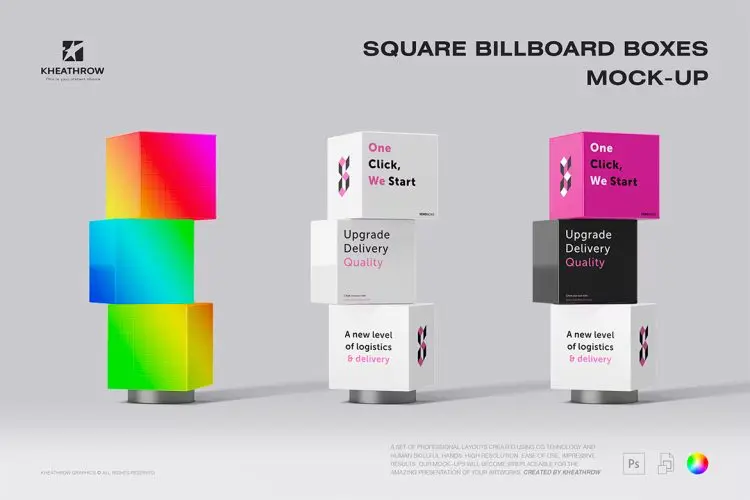 Square Billboard Boxes Mock-Up 立方体广告招牌箱模型叠放展示设计贴图ps样机素材模板