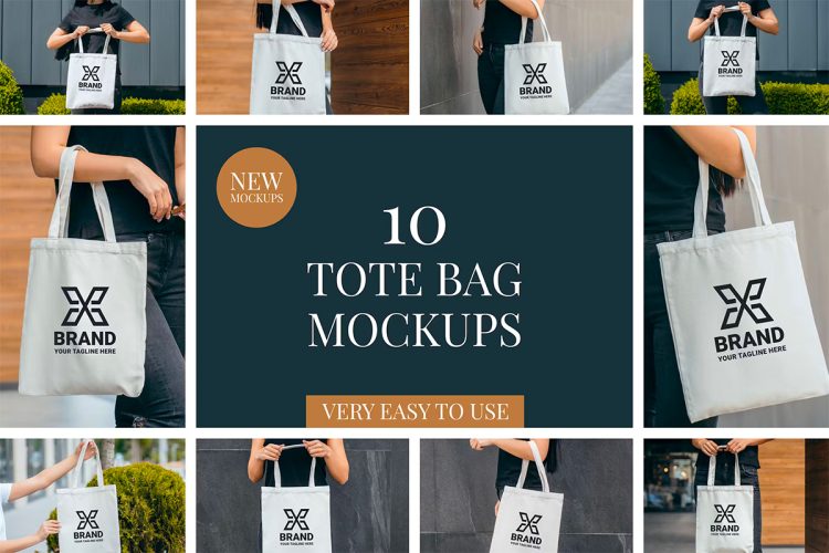 10 Tote Bag Mockups 户外女模手持臂挂帆布购物袋模型品牌logo标识设计贴图ps样机素材