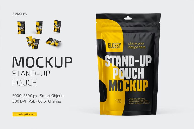 Glossy Stand-Up Pouch Mockup Set 零食咖啡自立袋模型品牌包装设计贴图ps样机素材