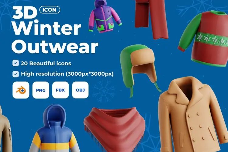 Winter Outwear 3D Icon Set  20款冬季户外运动服冬季生活元素3D插图插画素材webp免抠图设计
