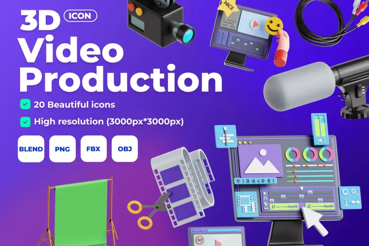 Video Production 3D Icon Set  20款视频播放音乐娱乐多媒体拍摄设备3D图标icon素材webp免抠图国外设计素材