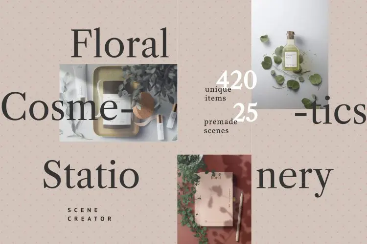 Cosmetics, Floral, Stationery – 3in1 质感文艺光影化妆品美妆植物文具设计贴图ps包装样机素材国外设计模板