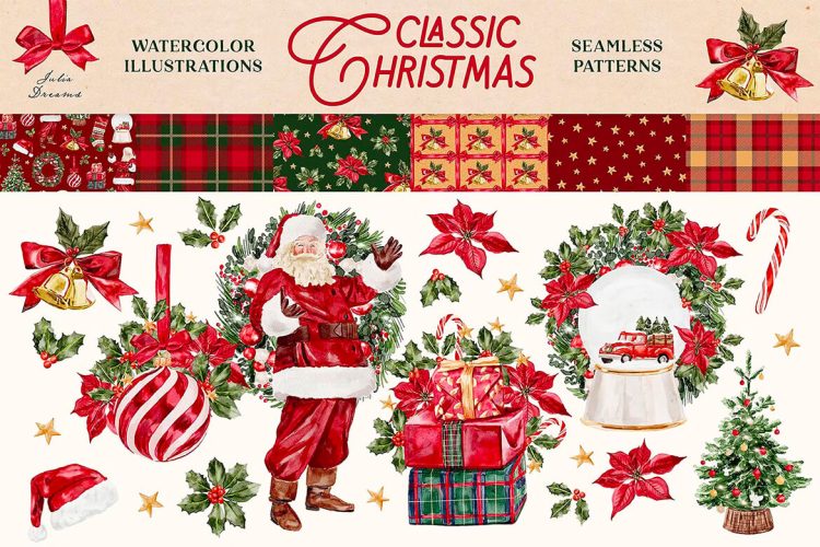 Classic Christmas Watercolor Clipart 经典复古手绘圣诞节水彩插图插画无缝拼接图案png免抠图片素材