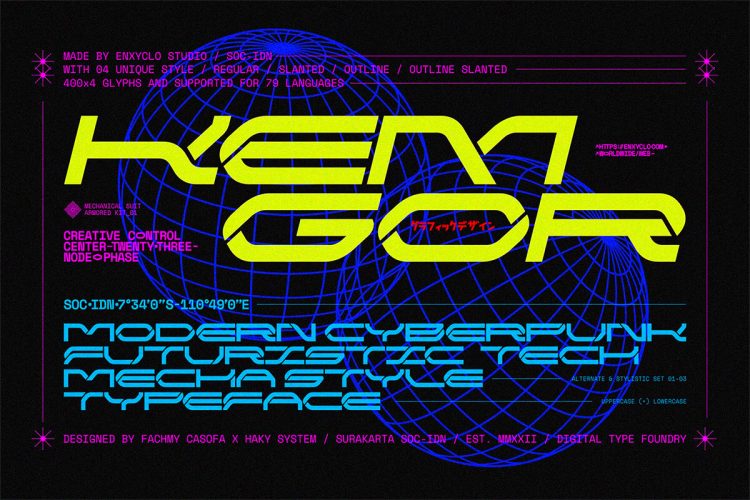 NCL KEMGOR – Cyberpunk Font  4款未来科幻赛博朋克潮流机能科技电竞游戏品牌logo标题英文字体