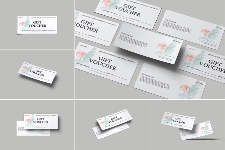 Gift Voucher Mockup 逼真纸质礼券优惠券打折券促销券模型展示智能贴图ps卡片样机素材