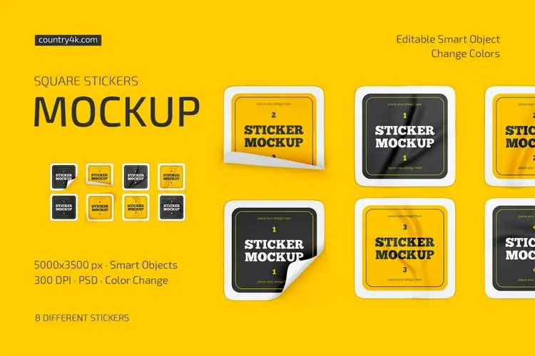Square Stickers Mockup Set 方形圆角贴图模型品牌标识设计贴图ps文具样机素材