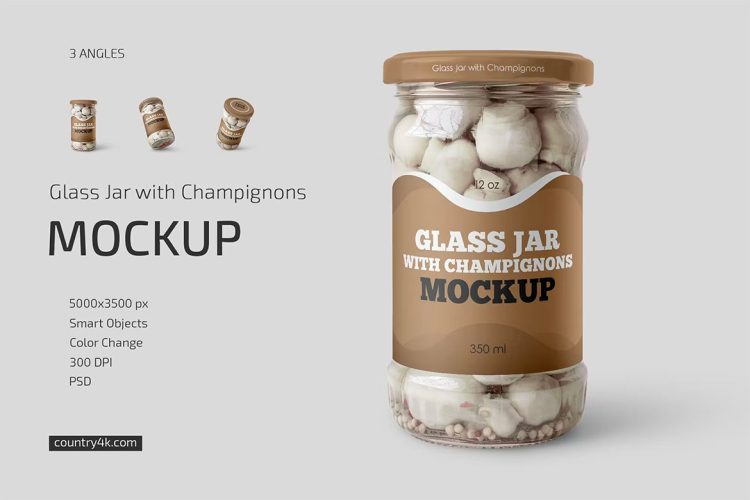 Glass Jar with Champignons Mockup 带蘑菇的食品玻璃罐模型腰封品牌包装设计贴图ps样机素材