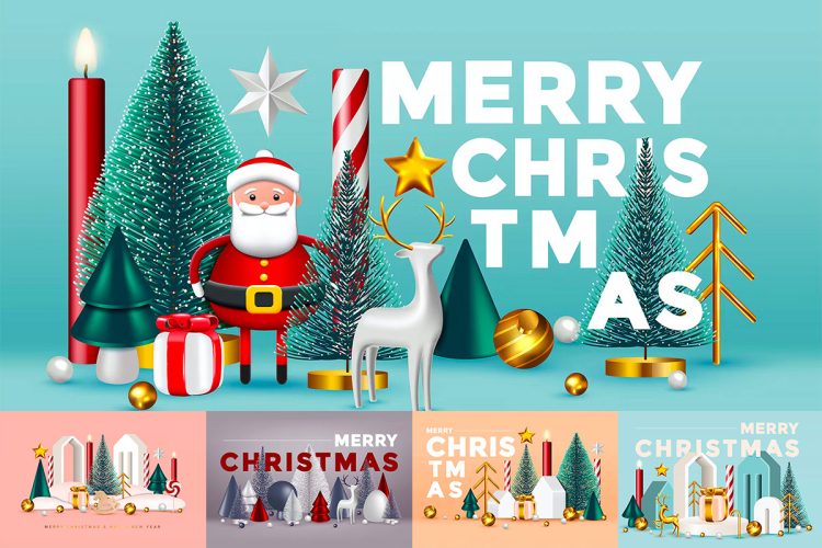 3D Merry Christmas Background  12款3D时尚圣诞节新年广告banner主视觉轮播海报插画设计矢量素材