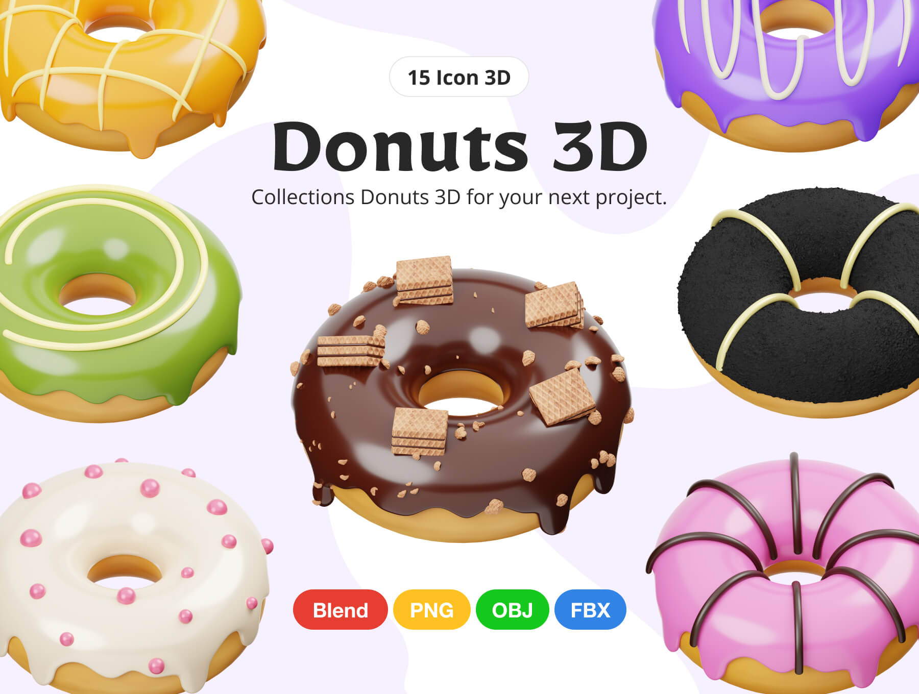 Donut 3D Illustration  15款3D卡通甜甜圈快餐甜品美食插图插画png免抠图片设计素材