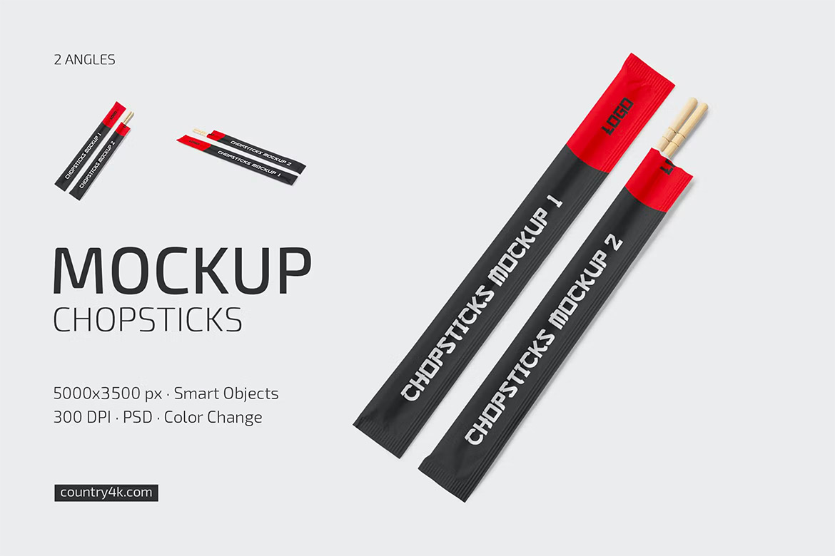 Chopsticks Mockup Set 撕开的一次性木质筷子包装纸展示设计贴图ps样机素材