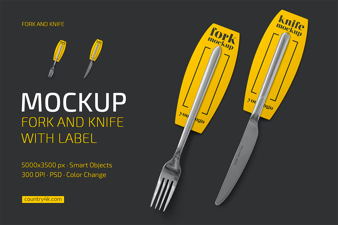 Fork and Knife with Label Mockup 带标签的金属刀叉餐具模型品牌标识设计贴图ps样机素材