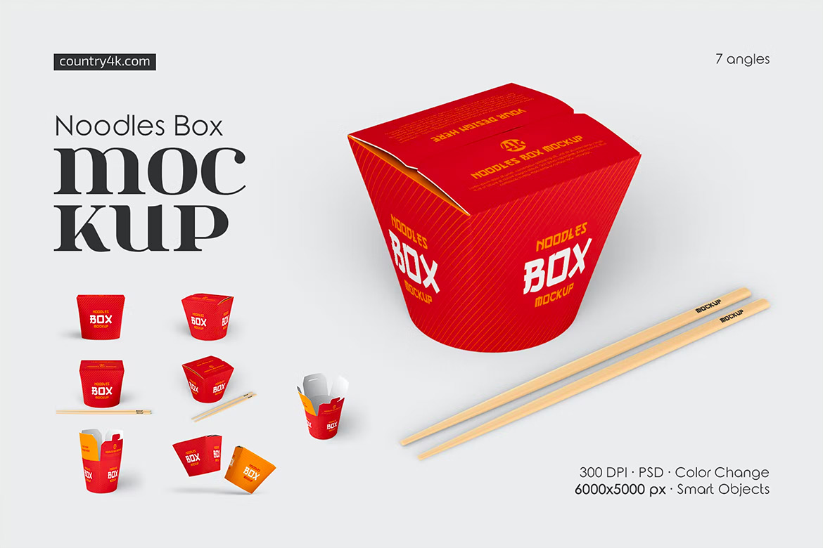 Noodles Box Mockup Set 中餐快餐外卖打包纸盒设计空白贴图ps包装样机素材国外设计模板