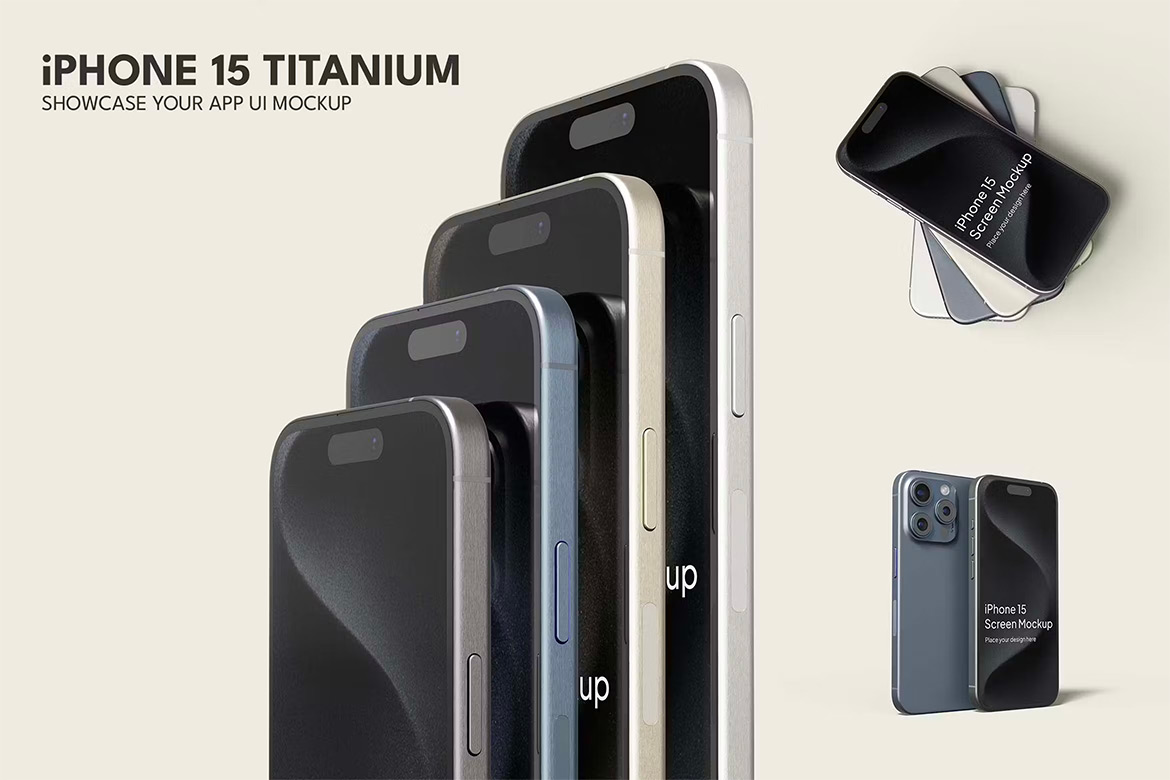 iPhone 15 Titanium Mockup 钛合金边框苹果15手机模型展示设计贴图ps数码样机素材