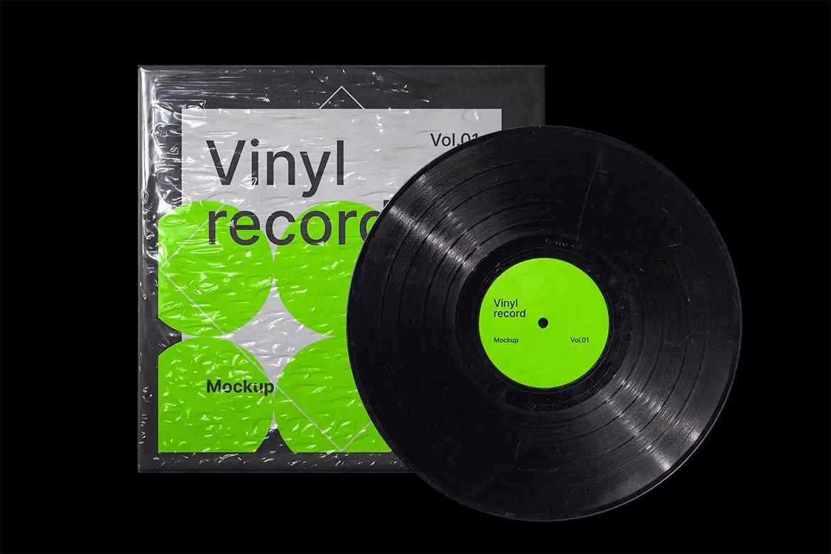Vinyl Record Mockups Pack 黑胶唱片模型塑料透明玻璃纸包装设计贴图ps样机素材