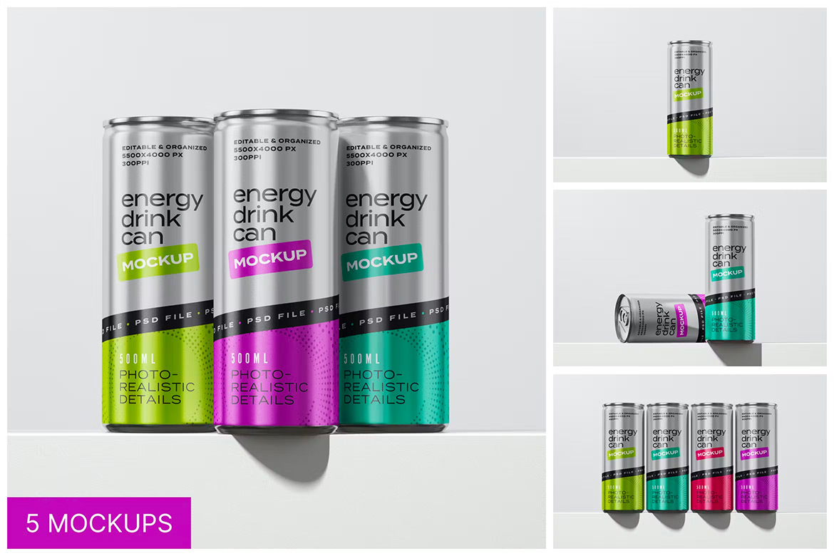 Energy Drink Can Mockup Set 能量饮料金属易拉罐模型罐身包装设计贴图ps样机素材