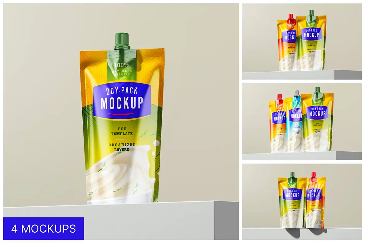 Doypack Standing Pouch Packaging Mockup Set 带吸嘴的牛奶果冻自立袋模型品牌包装设计贴图ps样机素材