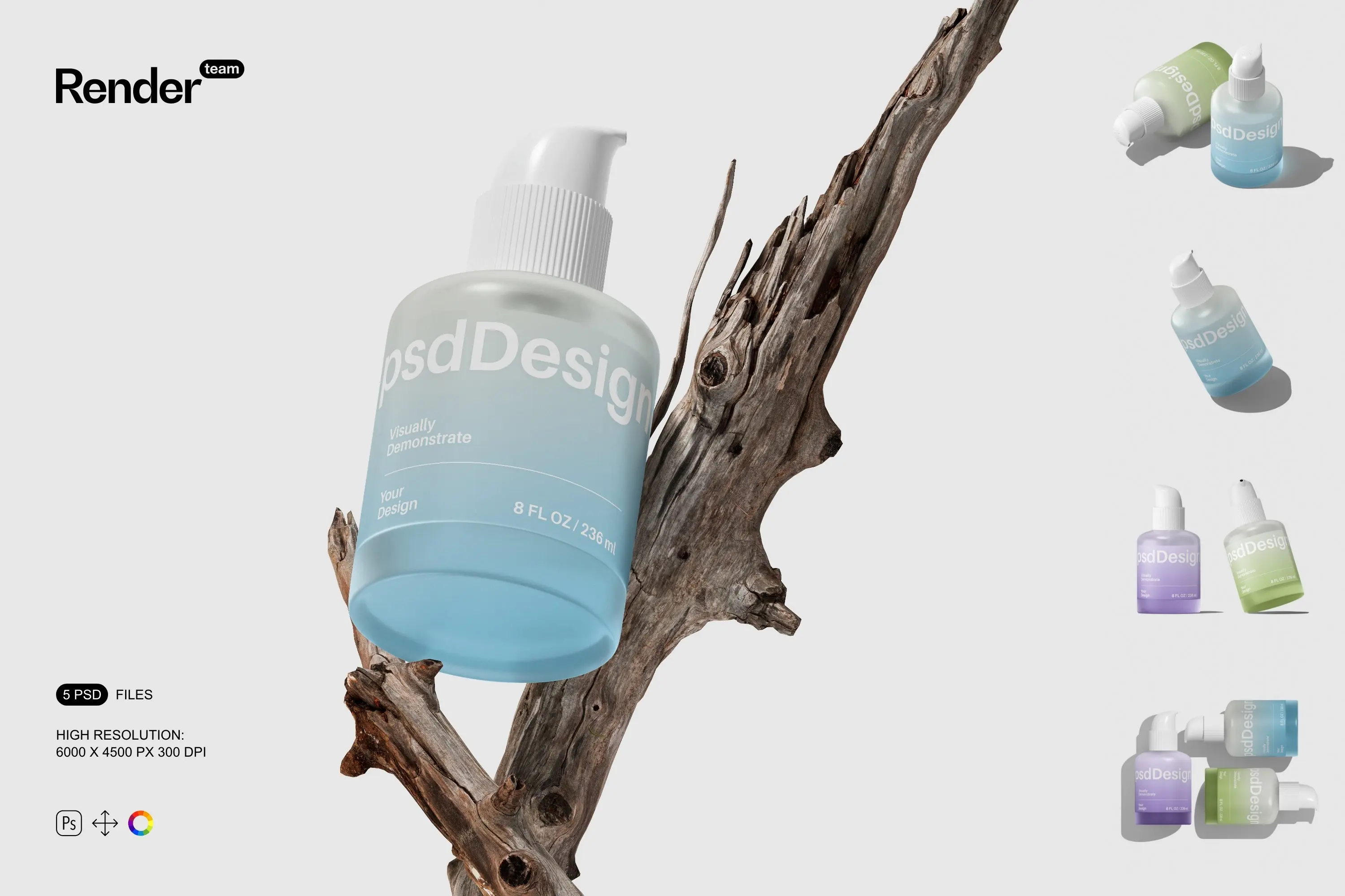 Cosmetic Bottle Mockup Set  5款半透明按压泵瓶化妆品爽肤水瓶子包装设计ps样机素材展示效果