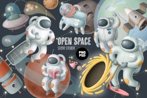 Space creator 创意萌趣卡通3D手绘太空行星ET天文宇航员科幻插画插图国外设计素材psd模板