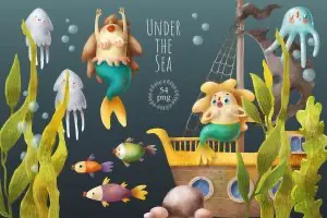 Under the sea collection 可爱手绘海底世界元素水彩插画合集